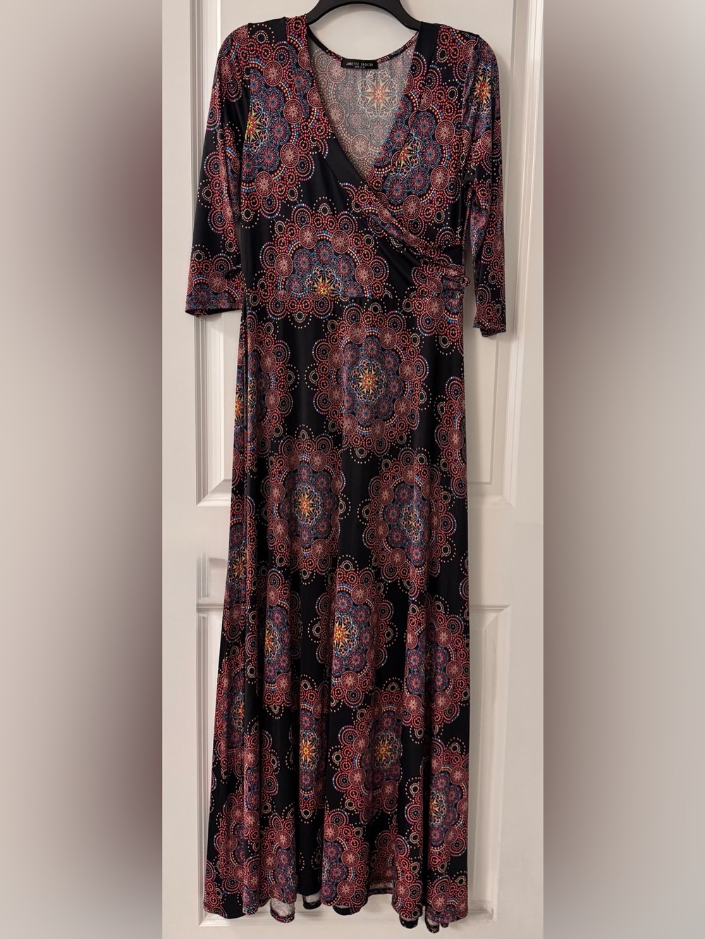 #z303 Janette Fashion Venechia Mandala Black Multi Surplice Faux Wrap Maxi Dress